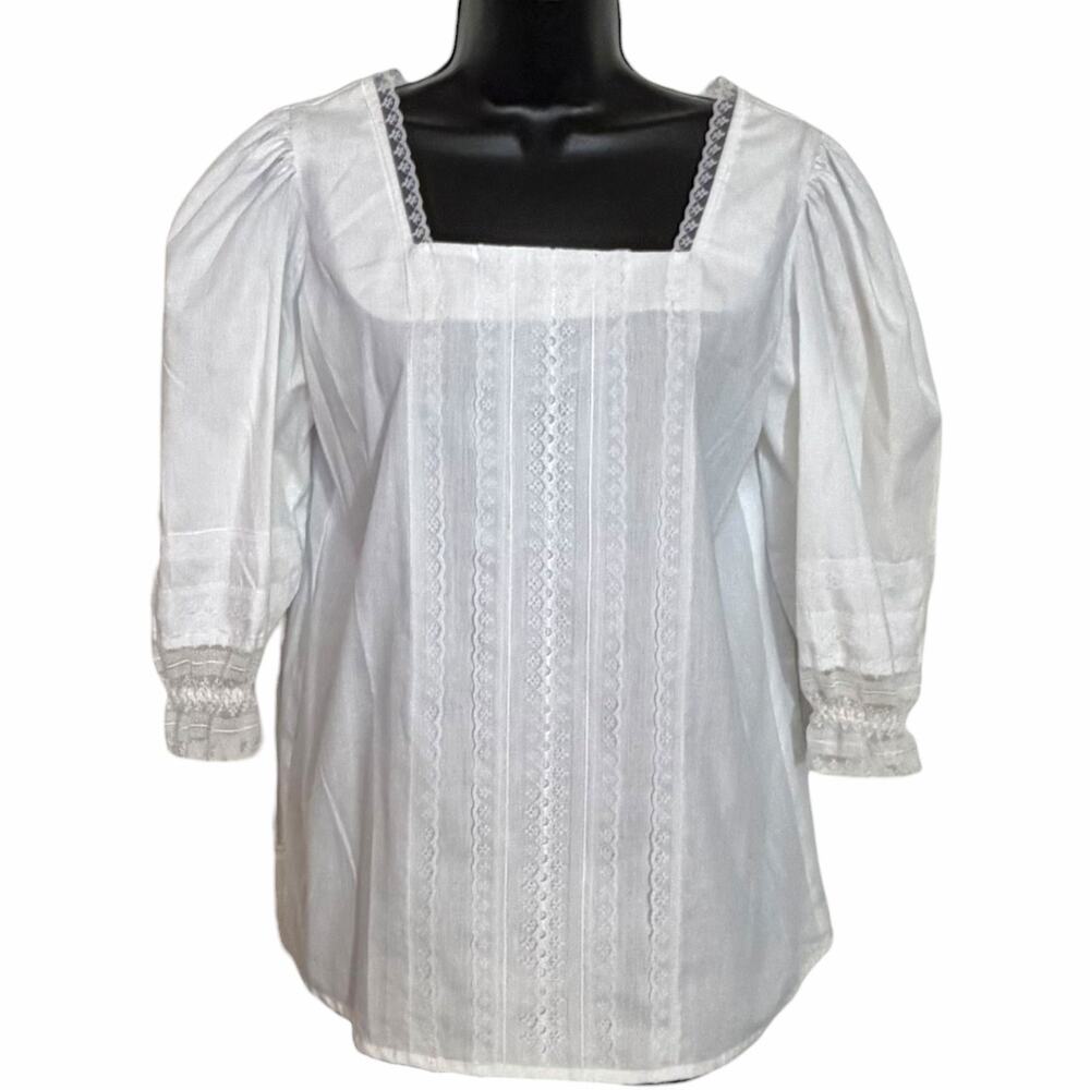 VINTAGE WHITE COTTON LACE TRIMMED WESTERN BOHO SHIRT BLOUSE PUFF SLEEVE SIZE S M